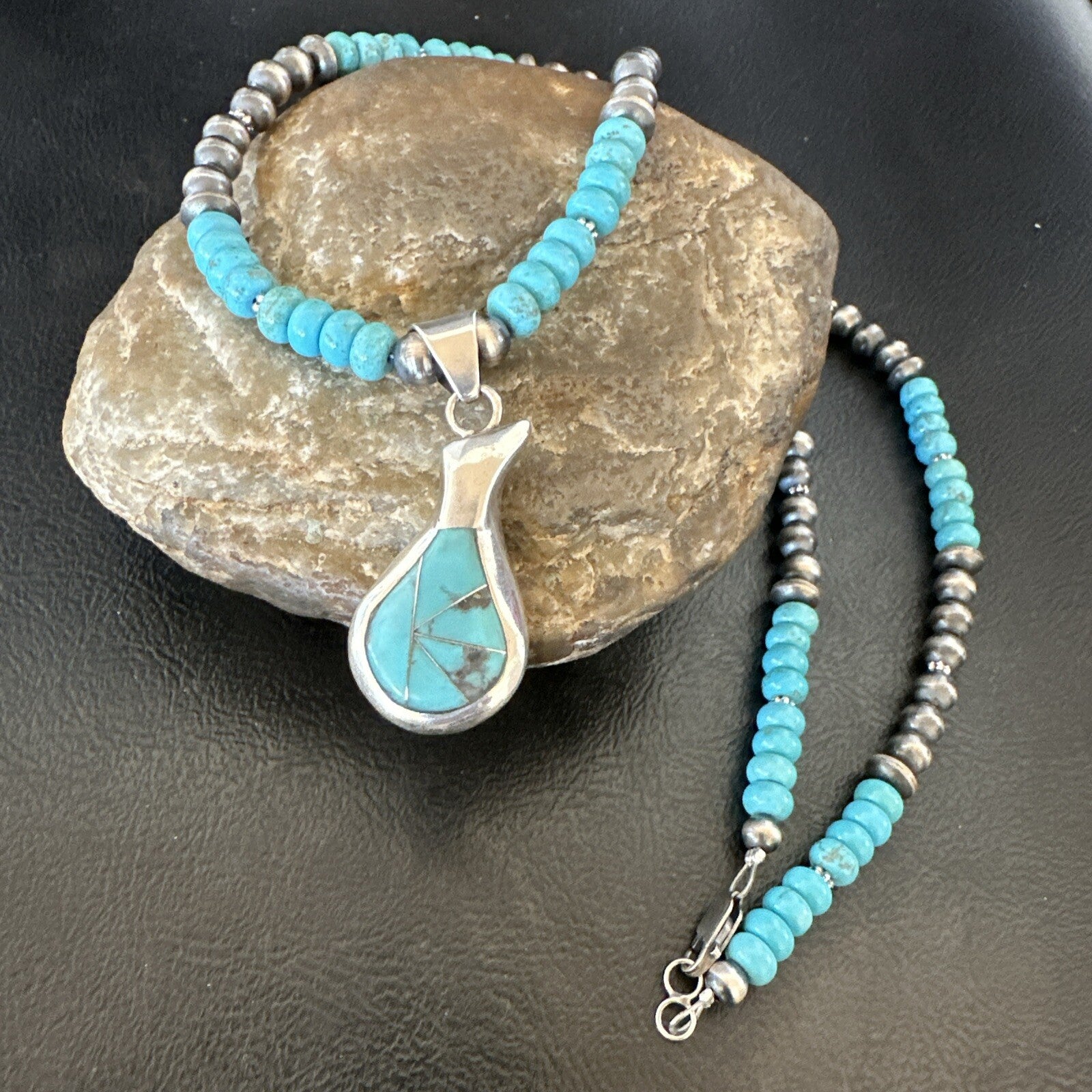 Pottery Blue Kingman Turquoise Pendant Navajo Sterling Silver Necklace 21" 18379