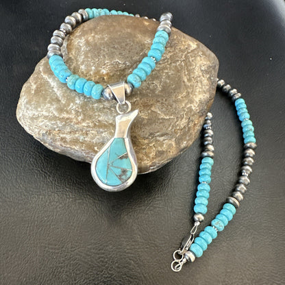 Pottery Blue Kingman Turquoise Pendant Navajo Sterling Silver Necklace 21" 18379
