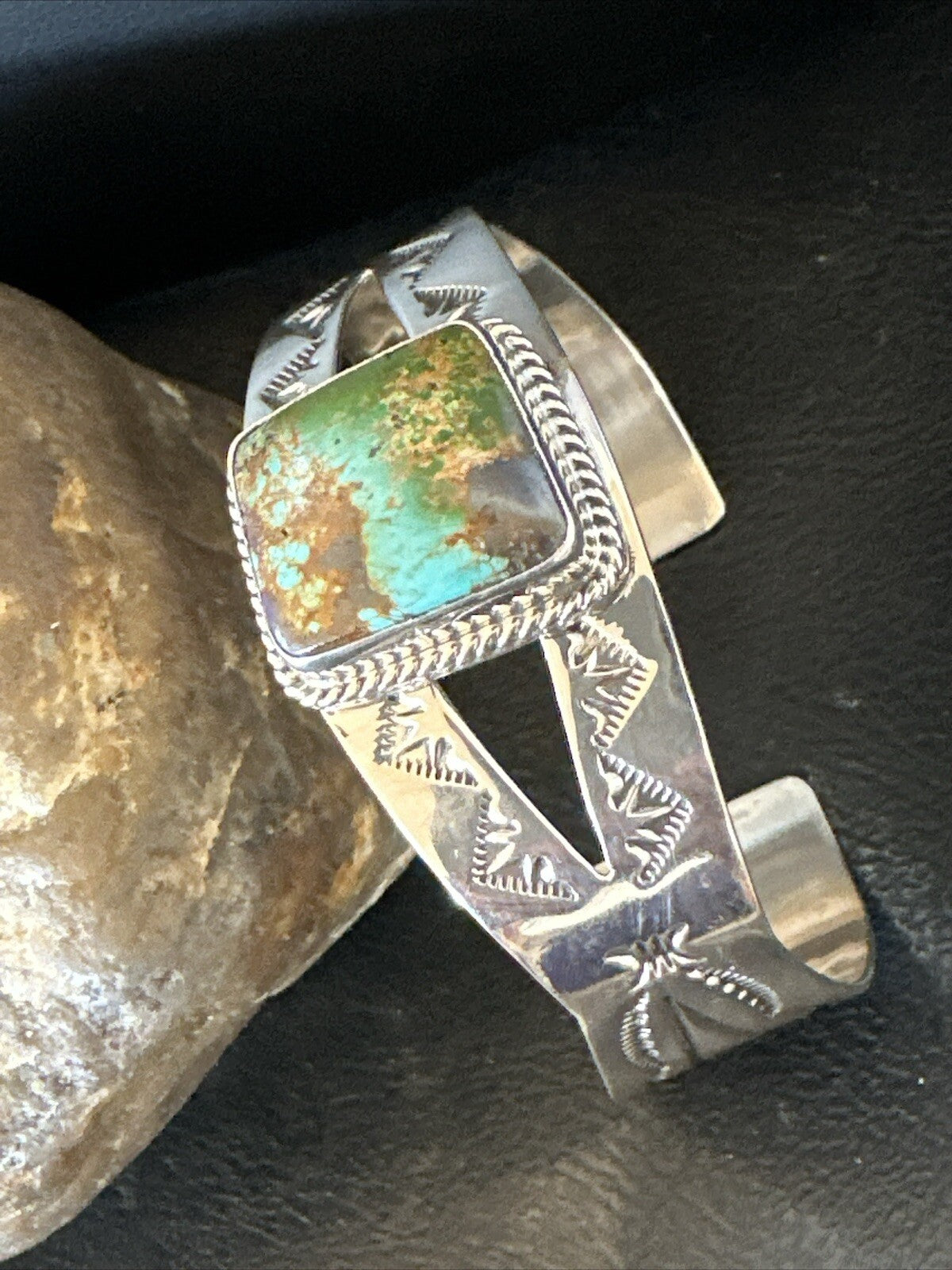 Green Royston Turquoise Navajo Sterling Silver Cuff Bracelet 17856