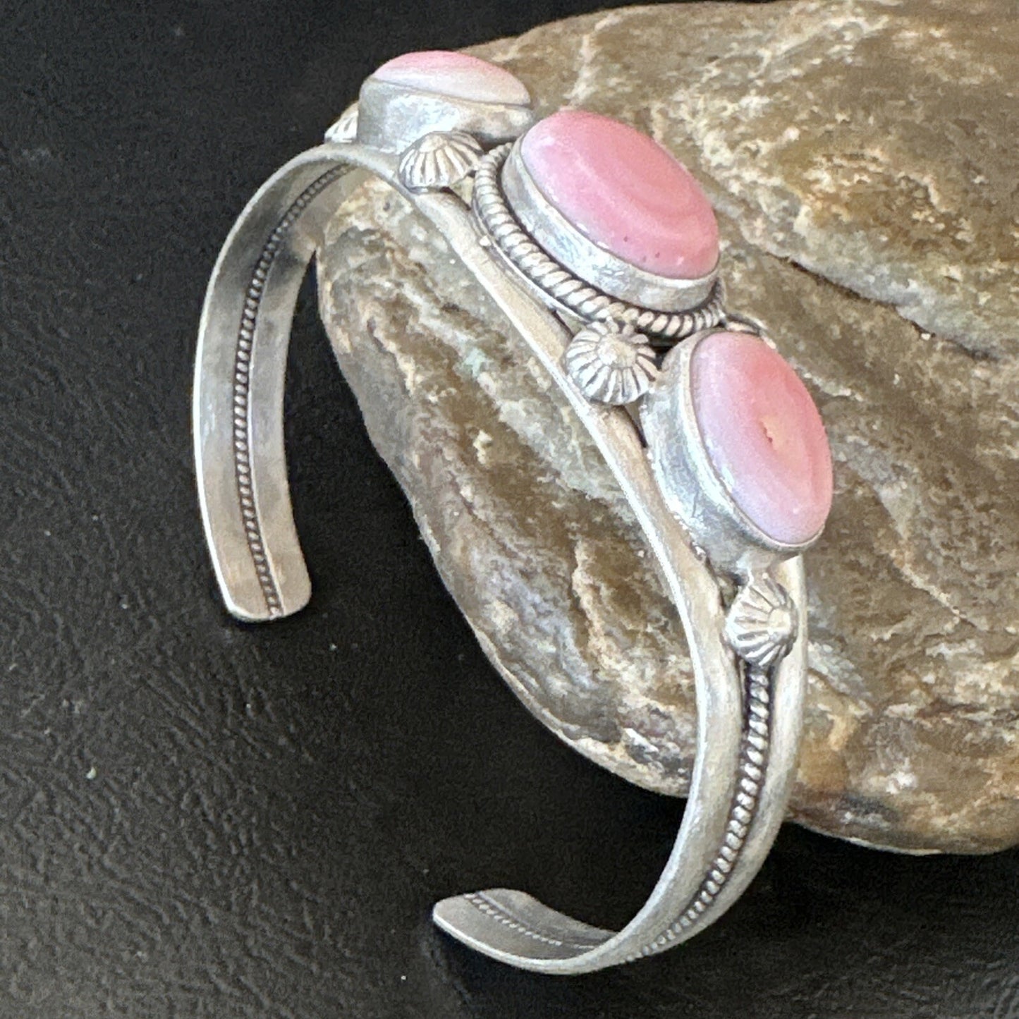 Navajo Pink Conch 3 Stone Sterling Silver Cuff Bracelet 18852