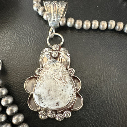 White Buffalo Turquoise Pendant  Sterling Silver Beads Necklace 17986