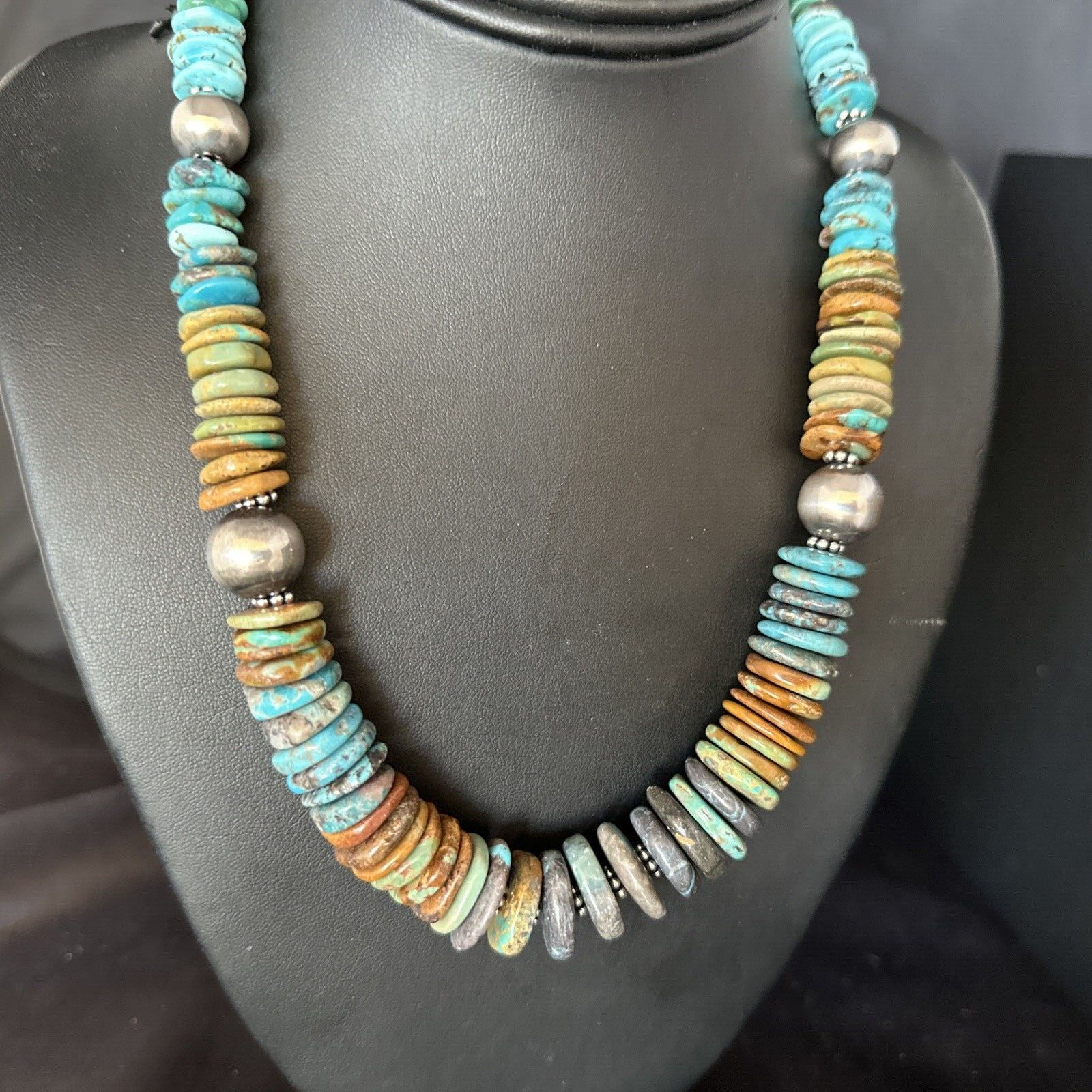 Navajo Blue Green Turquoise Bead Necklace Sterling Silver 20" 14239