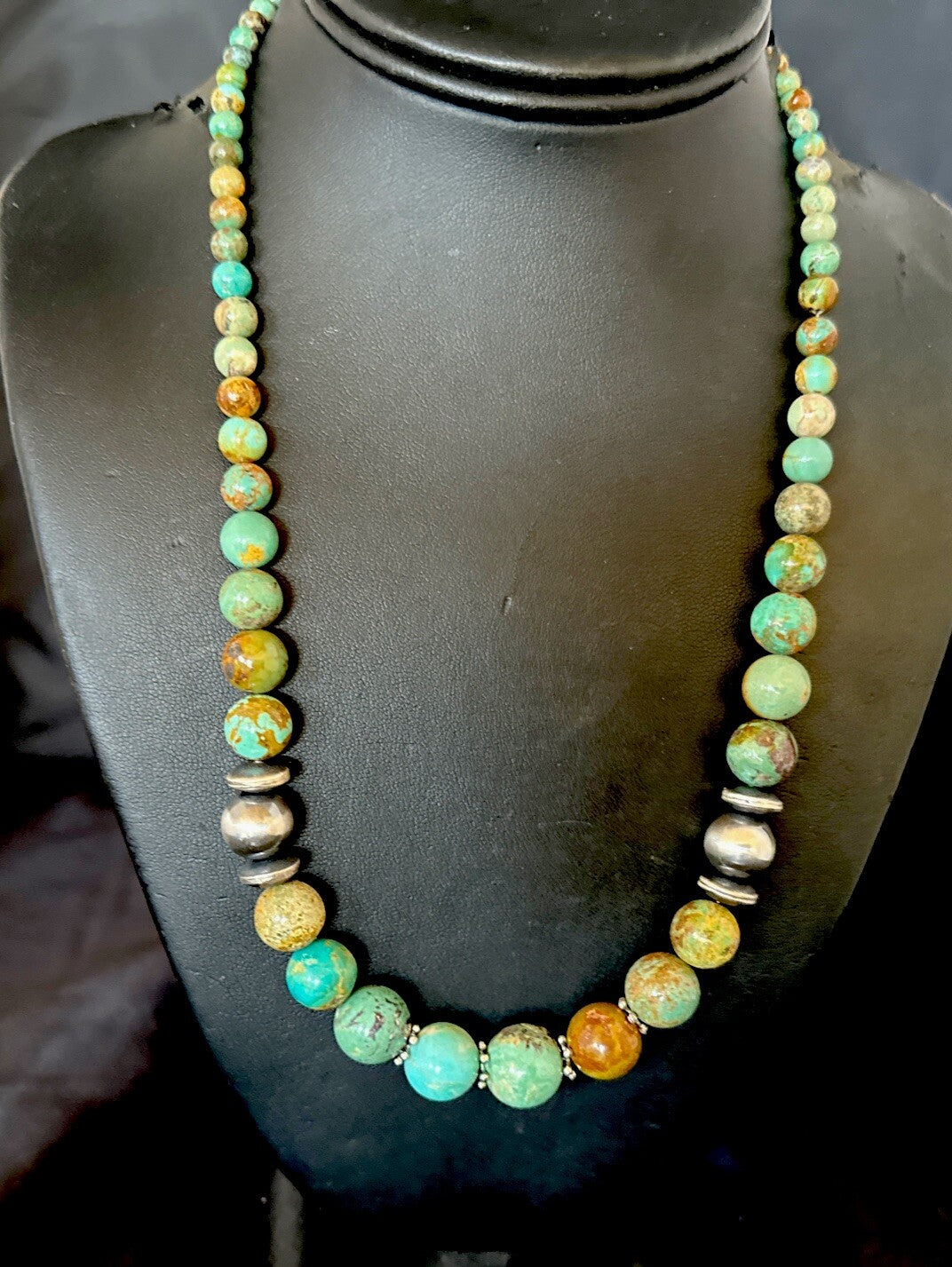 Green Turquoise Graduated Navajo Sterling Silver Necklace 21” 17782