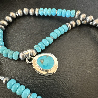 Mens Blue Kingman Turquoise Pendant Navajo Sterling Silver Necklace 21" 17903