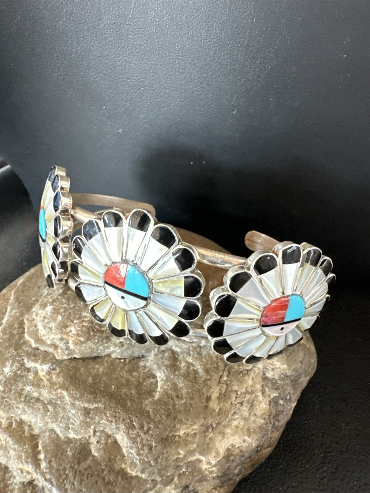 Blue Turquoise Coral MOP Zuni Sterling Silver Inlay Sunface Cuff Bracelet 18872