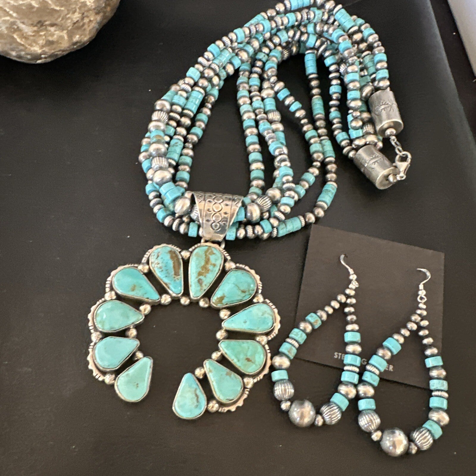 Blue Turquoise Naja Pendant Navajo Sterling Silver Earrings Necklace 21" 16865