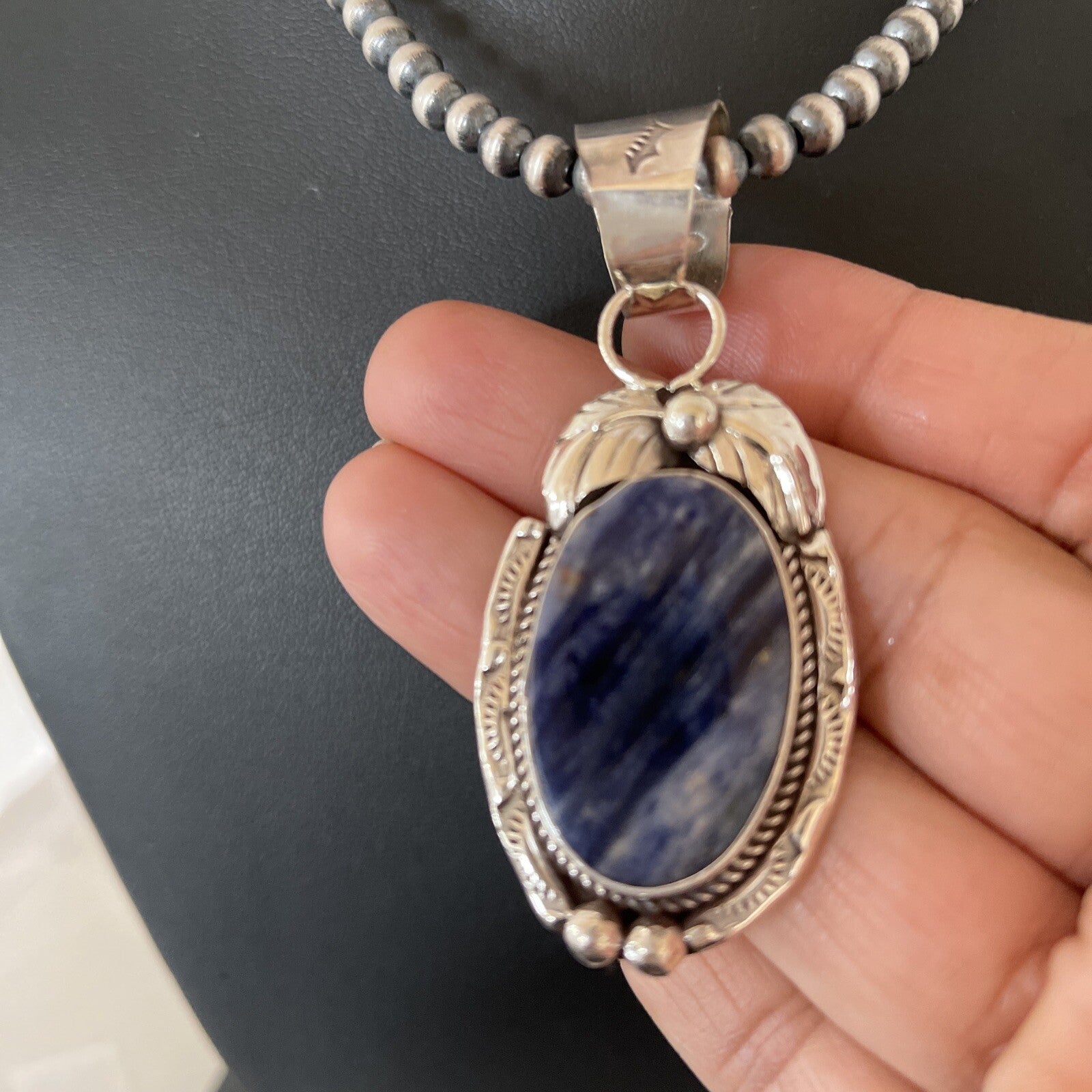 Mens Lapis Lazuli Pendant Sterling Silver Beads Necklace 1210