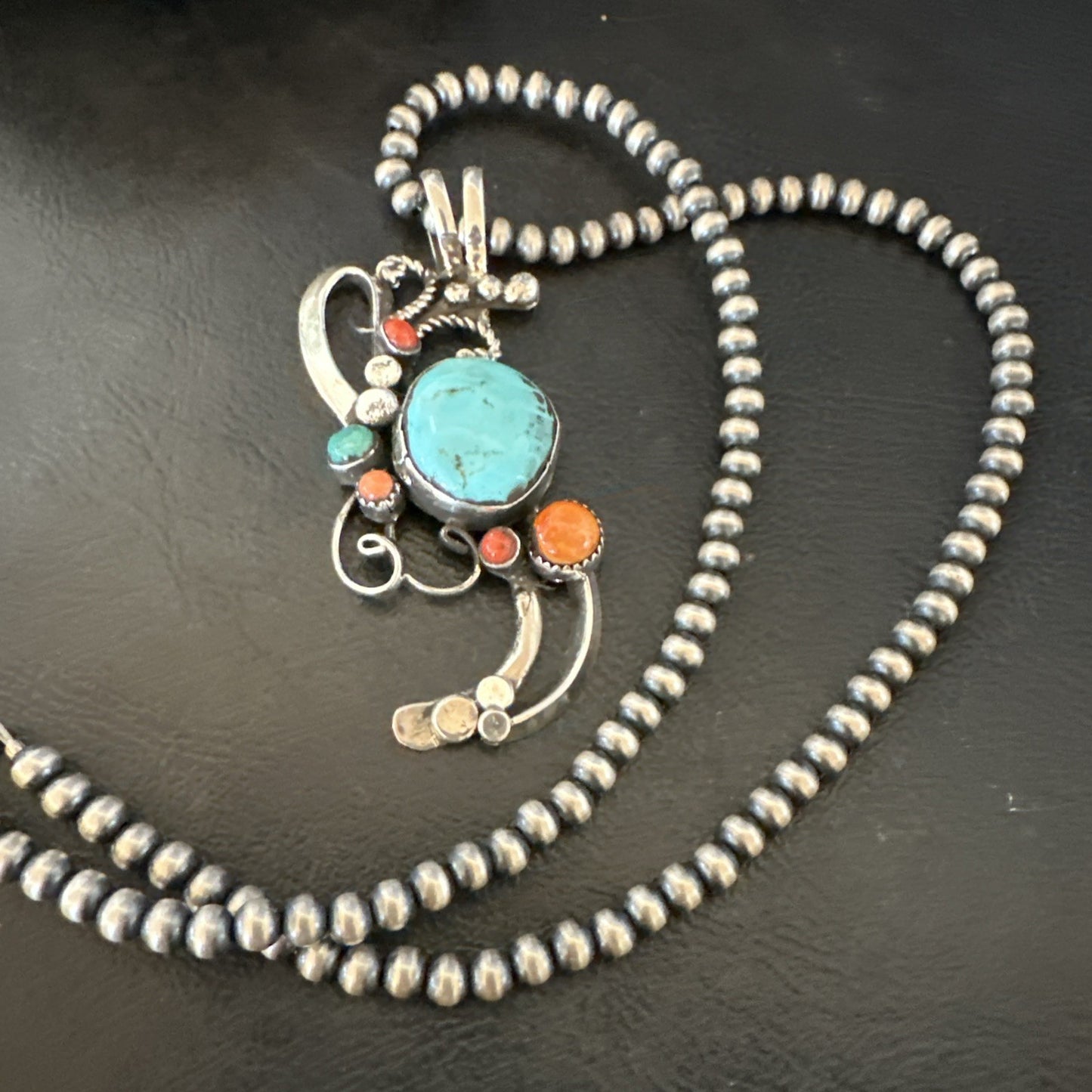 Multicolor Turquoise Spiny Navajo Sterling Silver Cluster Pendant Necklace 19683