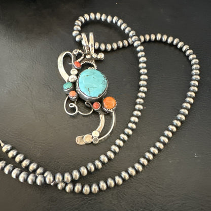 Multicolor Turquoise Spiny Navajo Sterling Silver Cluster Pendant Necklace 19683