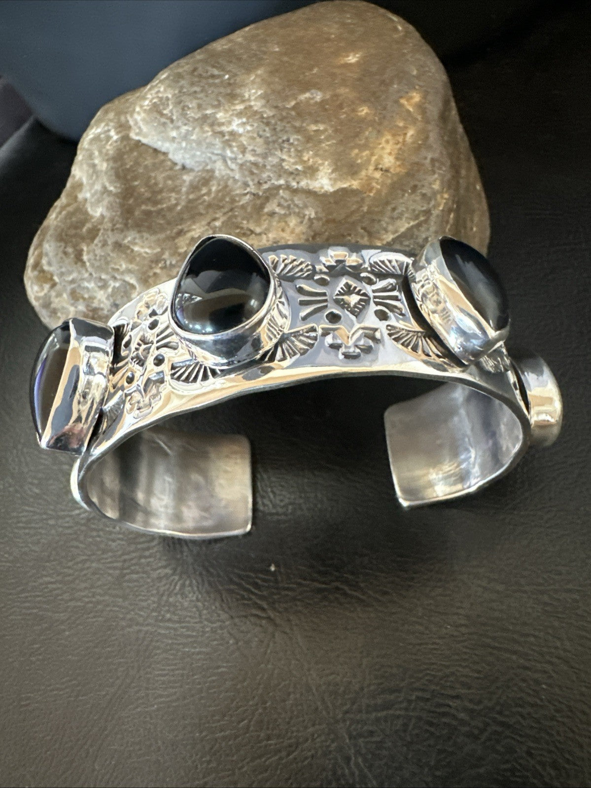 Mens Womens Navajo Sterling Silver Black Onyx Cluster Cuff Bracelet 7.5" 19434