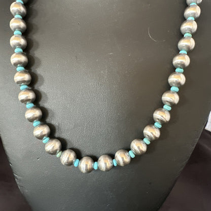 Blue Turquoise 10mm Round Sterling Silver Beads Necklace 24” 92408