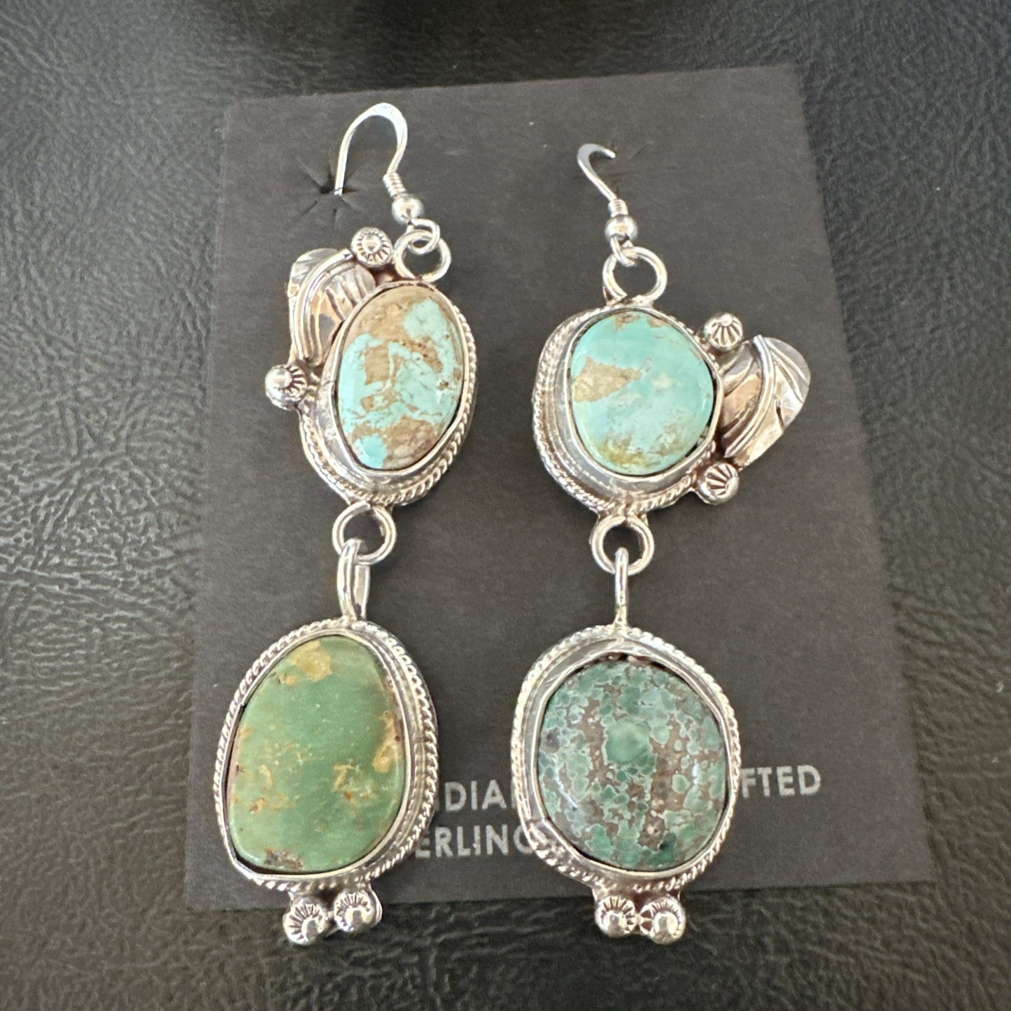 Green Royston Turquoise Navajo Sterling Silver Dangle Earrings 19602