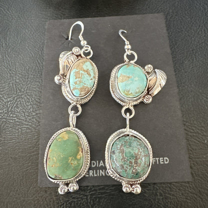 Green Royston Turquoise Navajo Sterling Silver Dangle Earrings 19602
