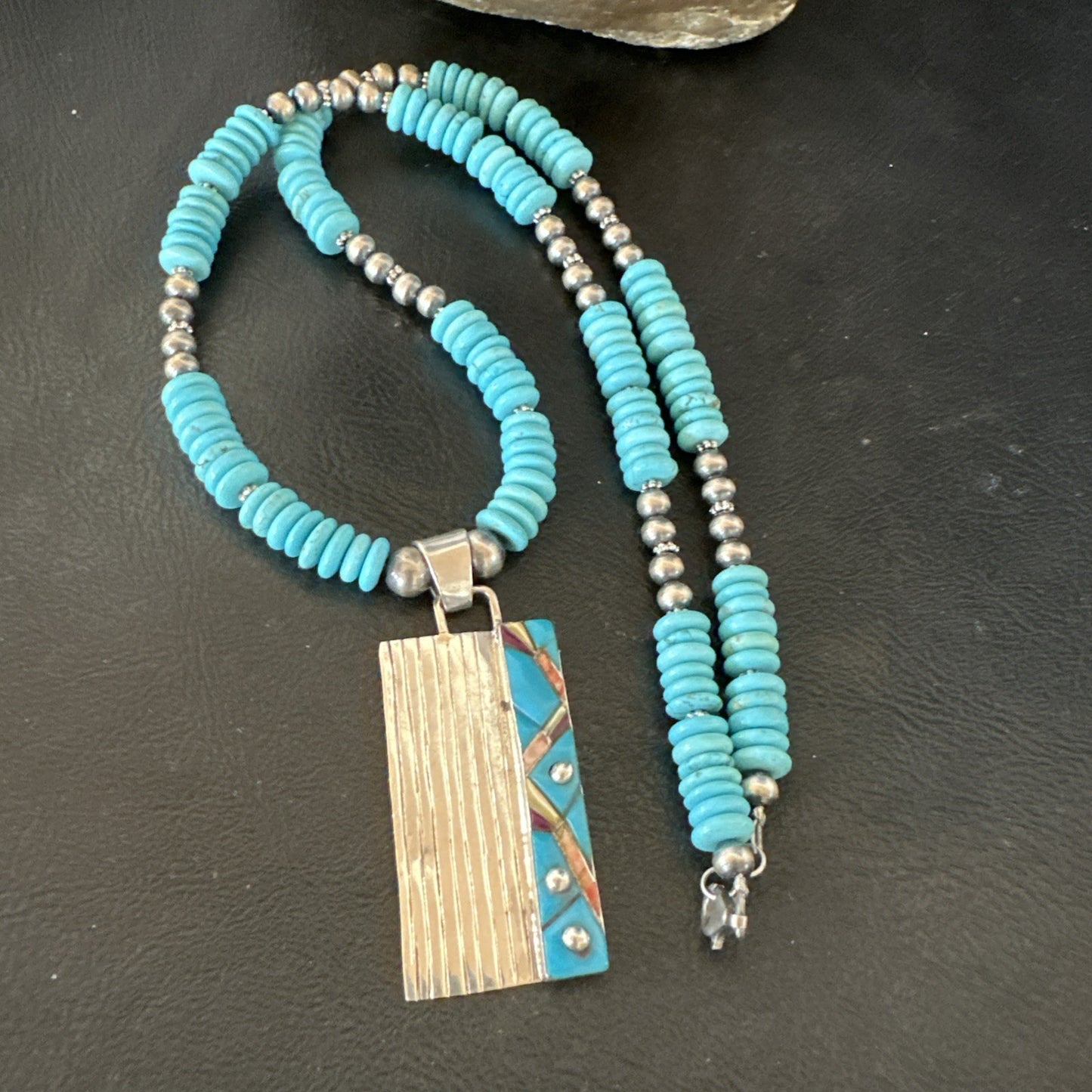 Blue Turquoise Inlay Pendant Navajo Sterling Silver Necklace 20" 19711