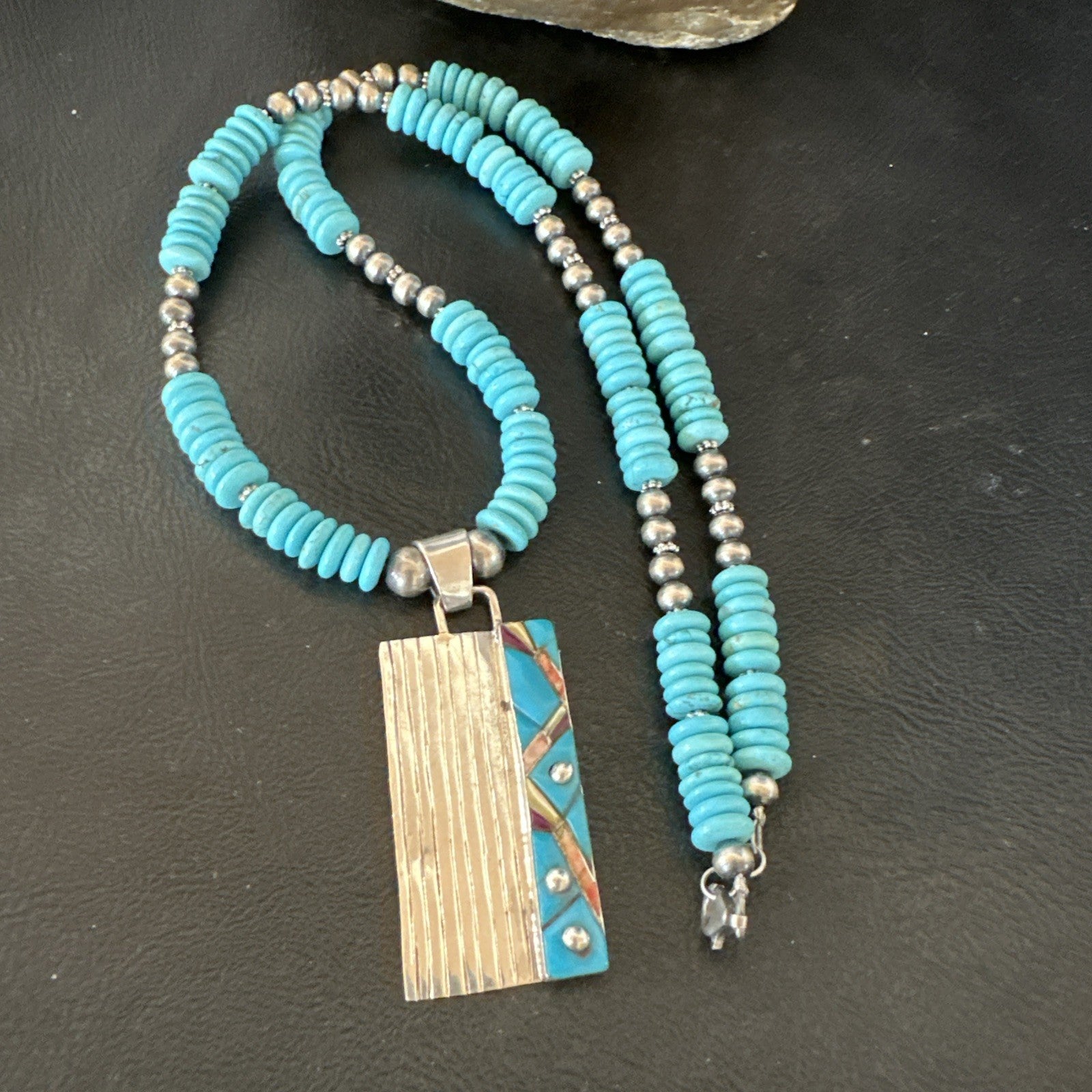 Blue Turquoise Inlay Pendant Navajo Sterling Silver Necklace 20" 19711