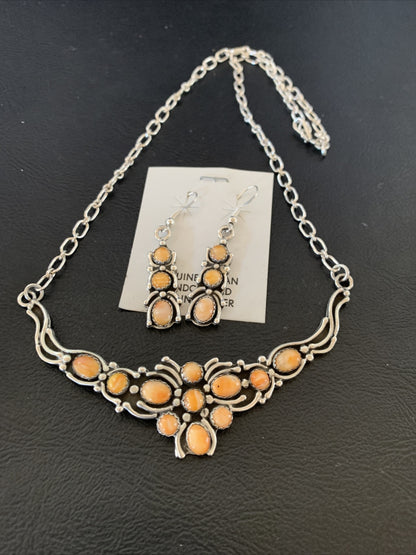 Orange Spiny Oyster Navajo Sterling Silver Necklace & Earrings 02102