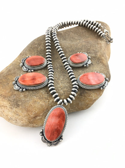 Red Spiny Oyster Pendant Navajo Sterling Silver Squash Necklace 16" 04536