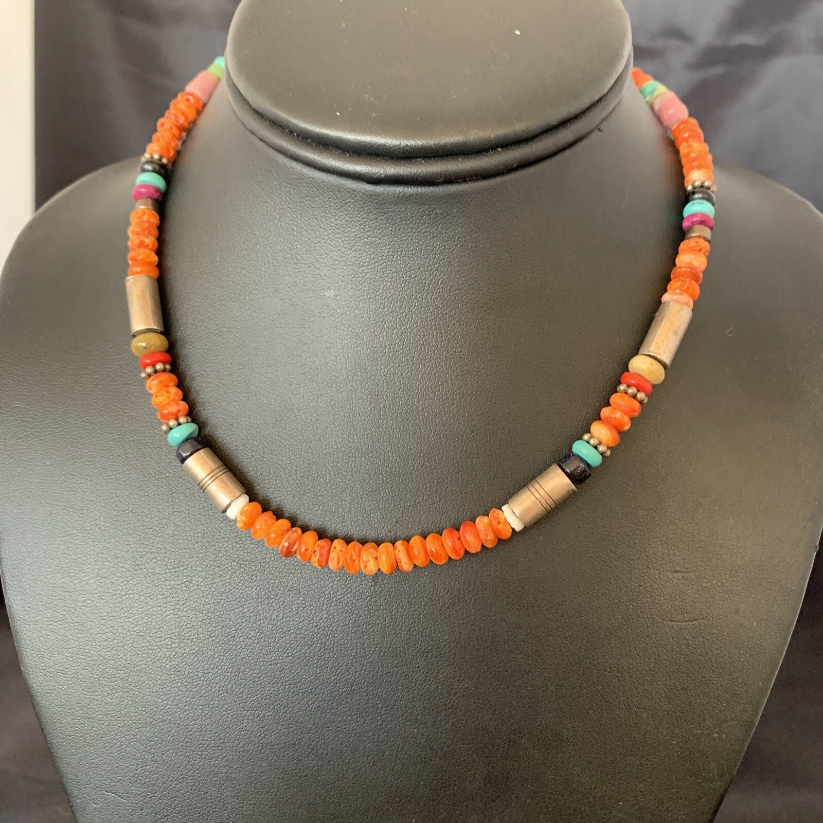 Turquoise Spiny Oyster & Coral Beads Sterling Silver Gold Necklace 10393