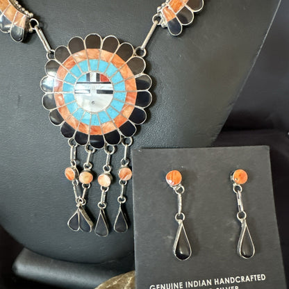 Sunface Spiny Onyx Turquoise Zuni Sterling Silver Necklace 19" Earrings 19114