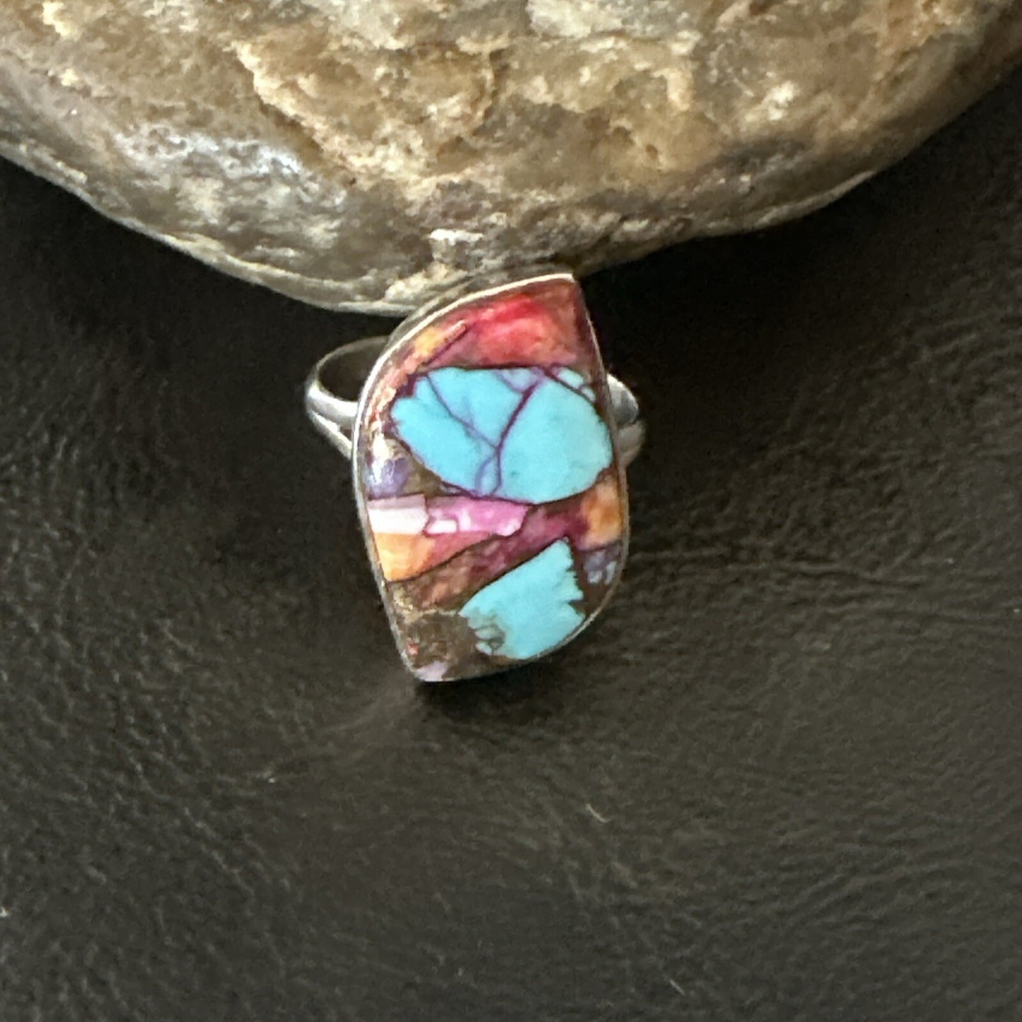 Blue Turquoise Spiny Oyster Southwestern Sterling Silver Ring Size 8 18441