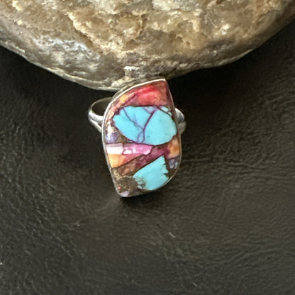 Blue Turquoise Spiny Oyster Southwestern Sterling Silver Ring Size 8 18441