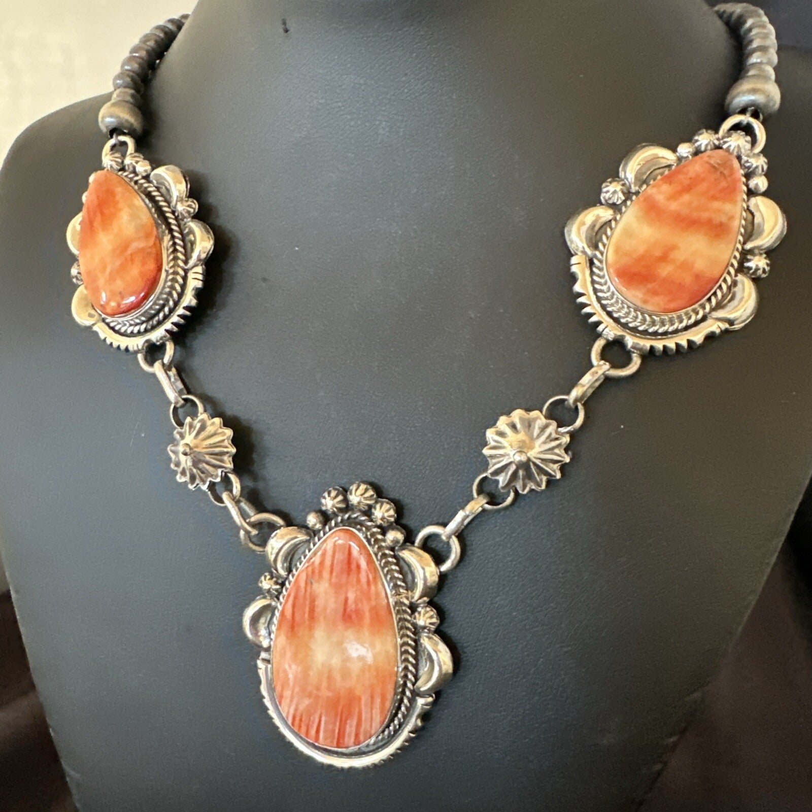 Orange Spiny Oyster Pendant Navajo Sterling Silver Lariat Necklace 21" 18628