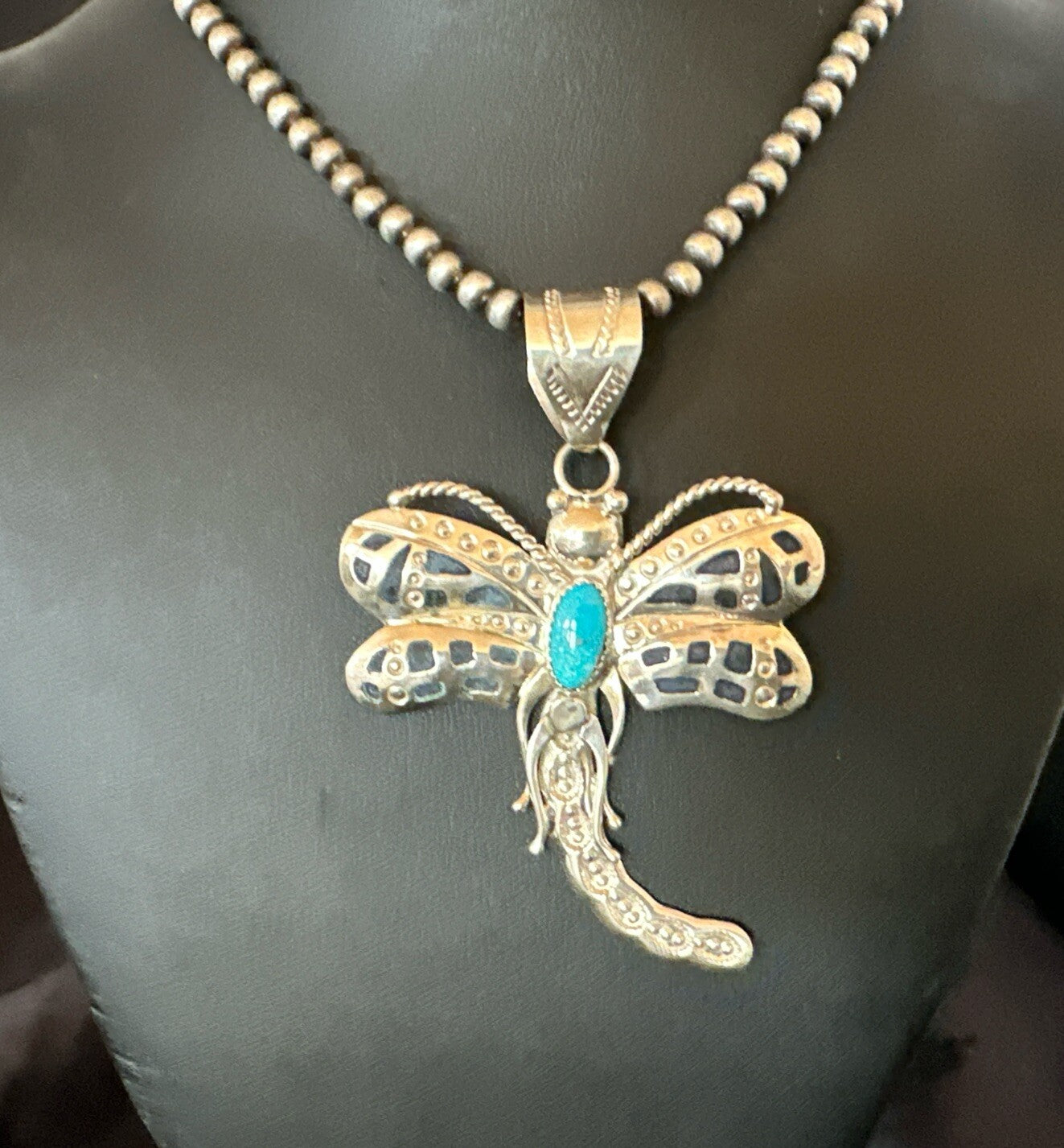 Navajo Dragonfly Blue Turquoise Sterling Silver Necklace Pendant 3" 18579