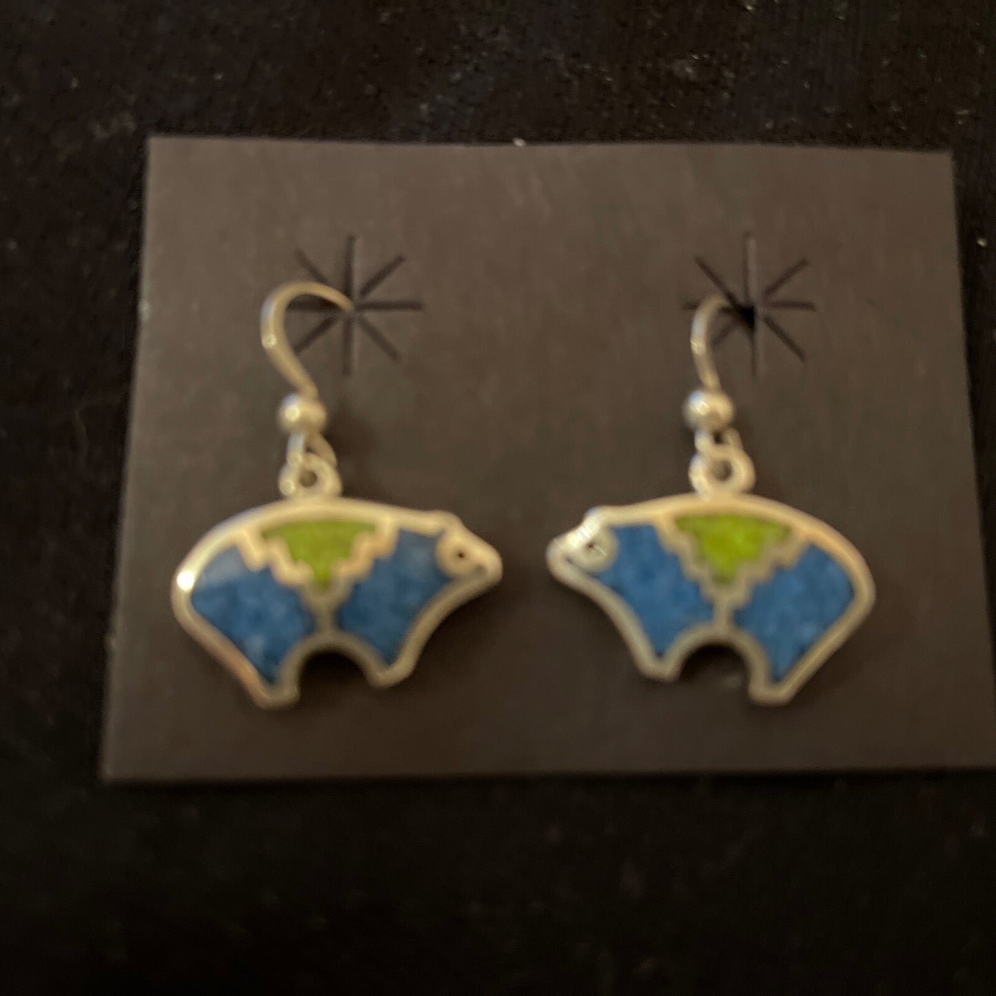 Blue Lapis & Green Turquoise Sterling Silver Bear Inlay Earrings 0.25" 01510