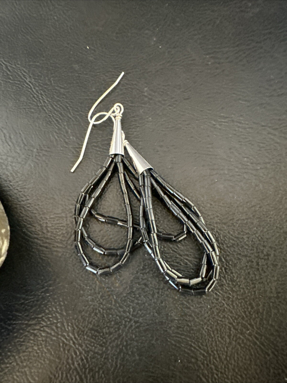 Black Onyx Heishi 3S Bead Southwestern Sterling Silver Earrings 2" 18197
