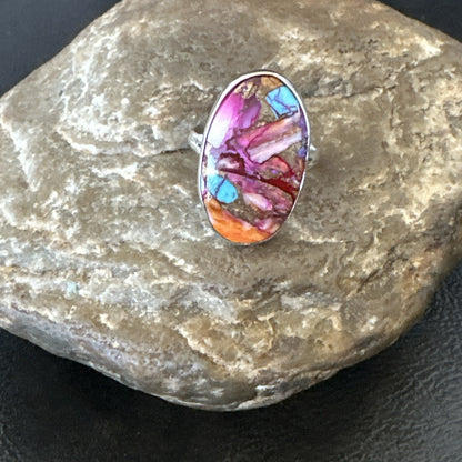 Blue Turquoise Spiny Oyster Southwestern Sterling Silver Ring Size 8 18429
