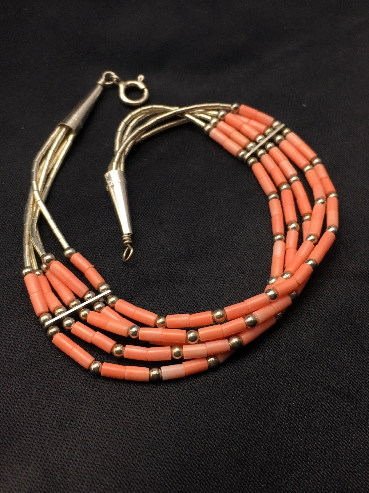Native Pink Coral 5 Strand Heishi Liquid Sterling Silver Bracelet 7" 4345