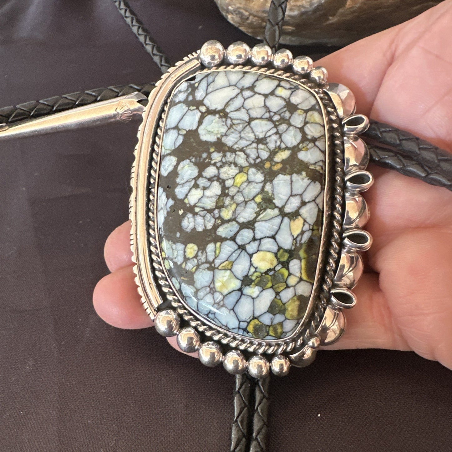 Mens BOLO TIE WHITE BUFFALO TURQUOISE Sterling Silver Navajo 2.7”19595