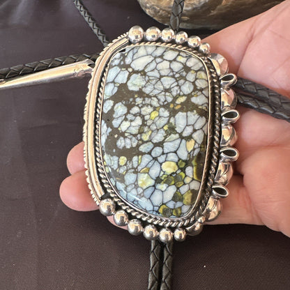 Mens BOLO TIE WHITE BUFFALO TURQUOISE Sterling Silver Navajo 2.7”19595