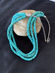 Navajo 3 Strand Turquoise Heishi Necklace 24" | Sterling Silver | Authentic Native American Handmade | 11776