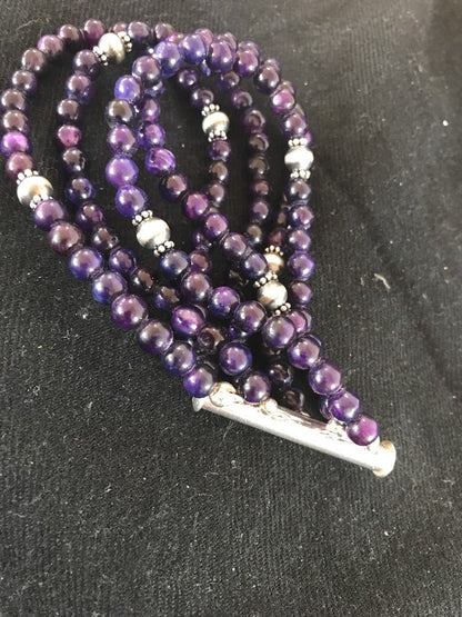 Purple Stone 4 Strands Navajo Indian Sterling Silver Bead Bracelet 10707