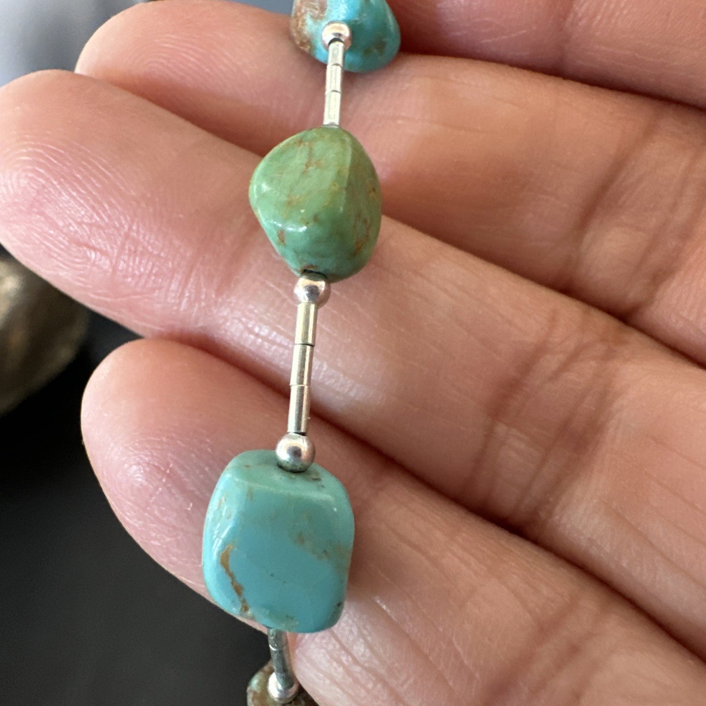 Green Turquoise Liquid Heishi Sterling Silver Nugget  20" Necklace 19046