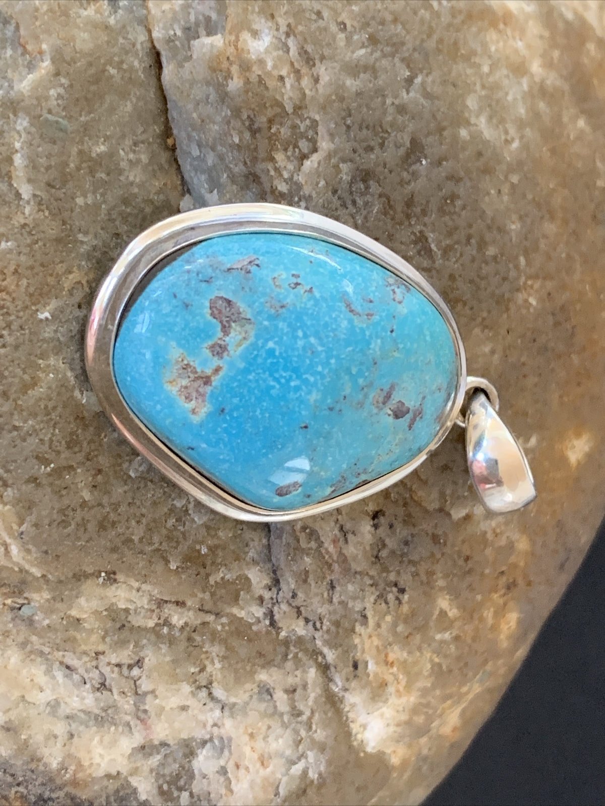 Blue Bisbee Turquoise Navajo Sterling Silver Pendant 1.5" 1624N
