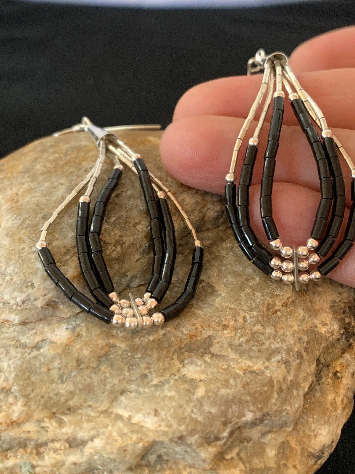 Handmade Native  Sterling Silver Heishi Black Onyx Dangle Earrings 2" 10054