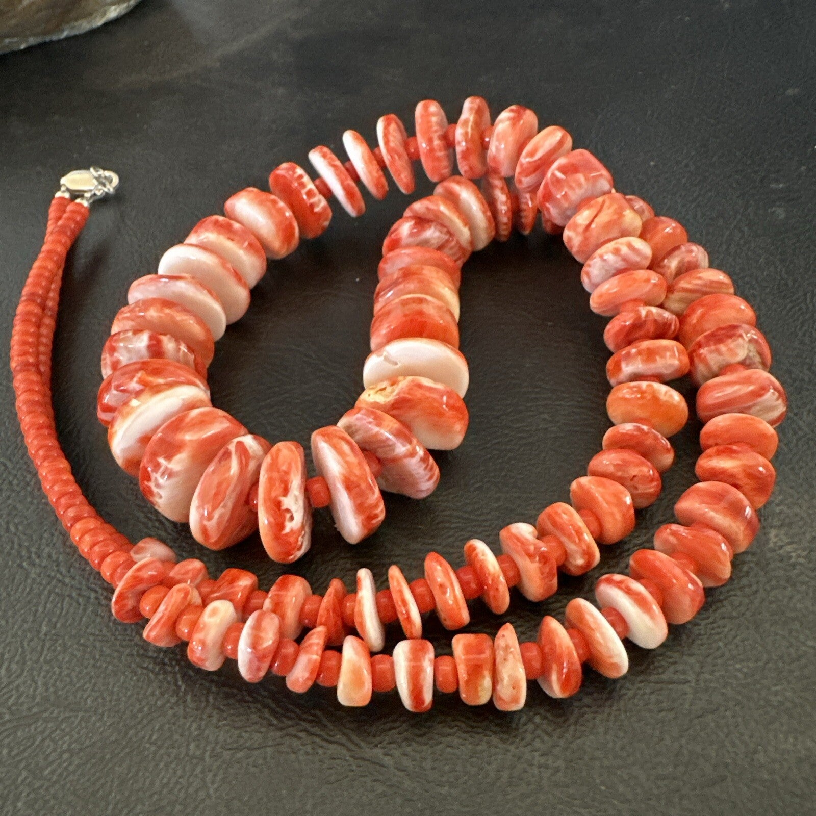 Red Spiny Oyster 28” Long Navajo Sterling Silver Necklace 17761