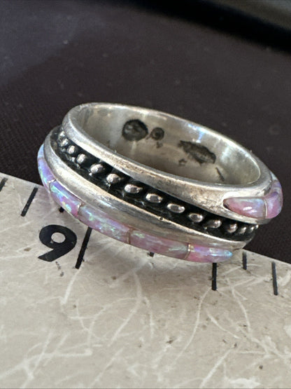 Pink Opal Navajo Sterling Silver Band Inlay Ring Size 9 18784
