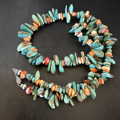 Green Turquoise Orange Spiny Oyster Nugget Sterling Silver Necklace 22” 18162