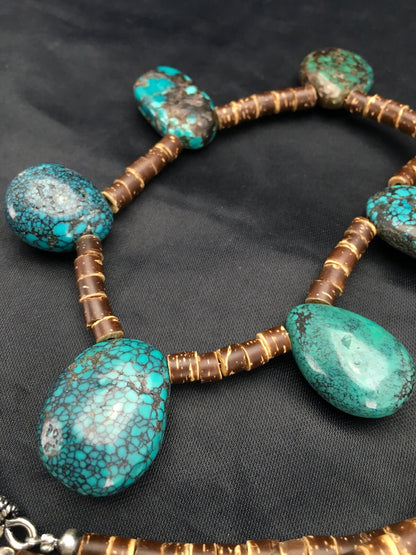 Spider Web Turquoise & Bone Bead Southwestern Sterling Silver Necklace 20" 02628