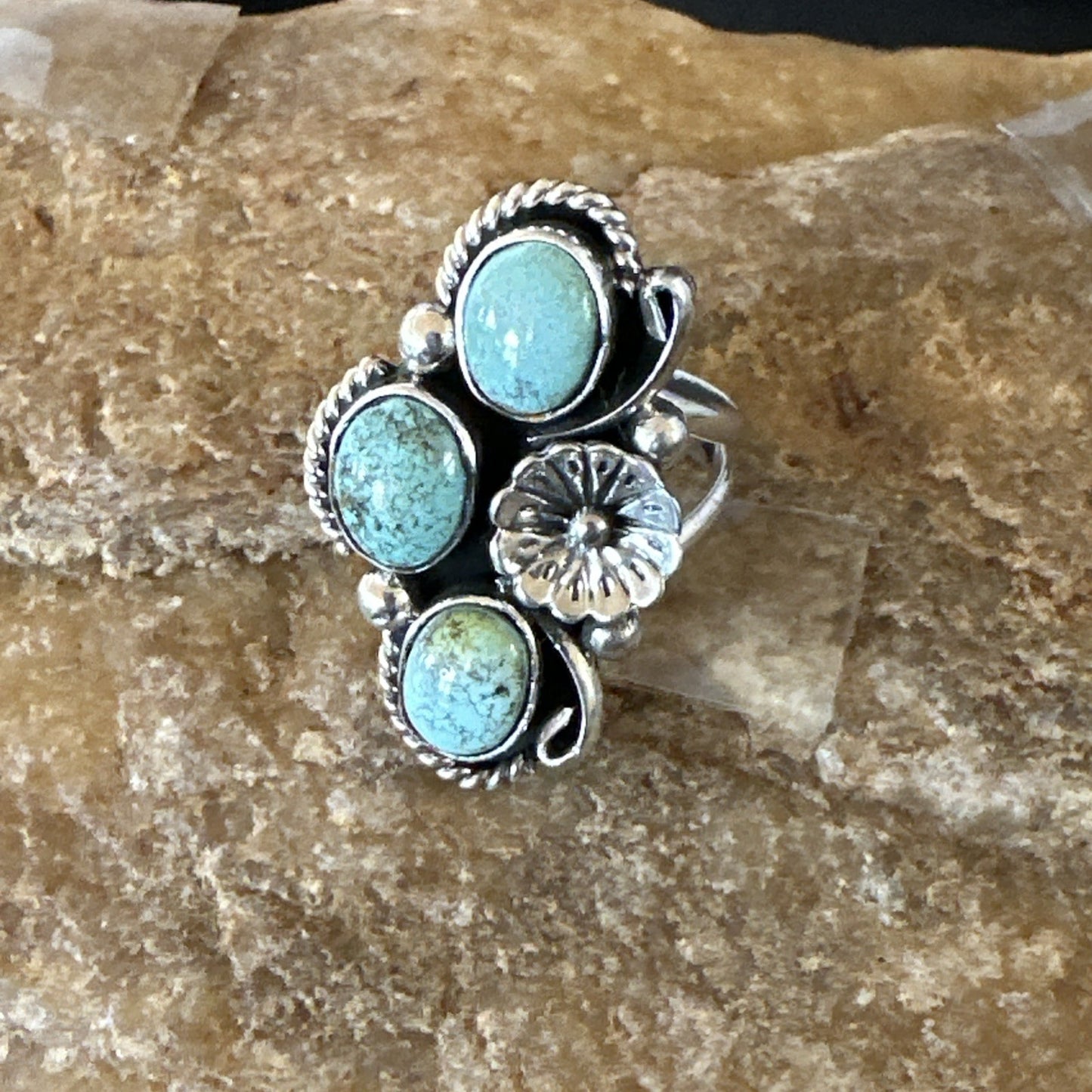 Yazzie Ring Blue Turquoise Navajo Sterling Silver Cluster Size 8 19219