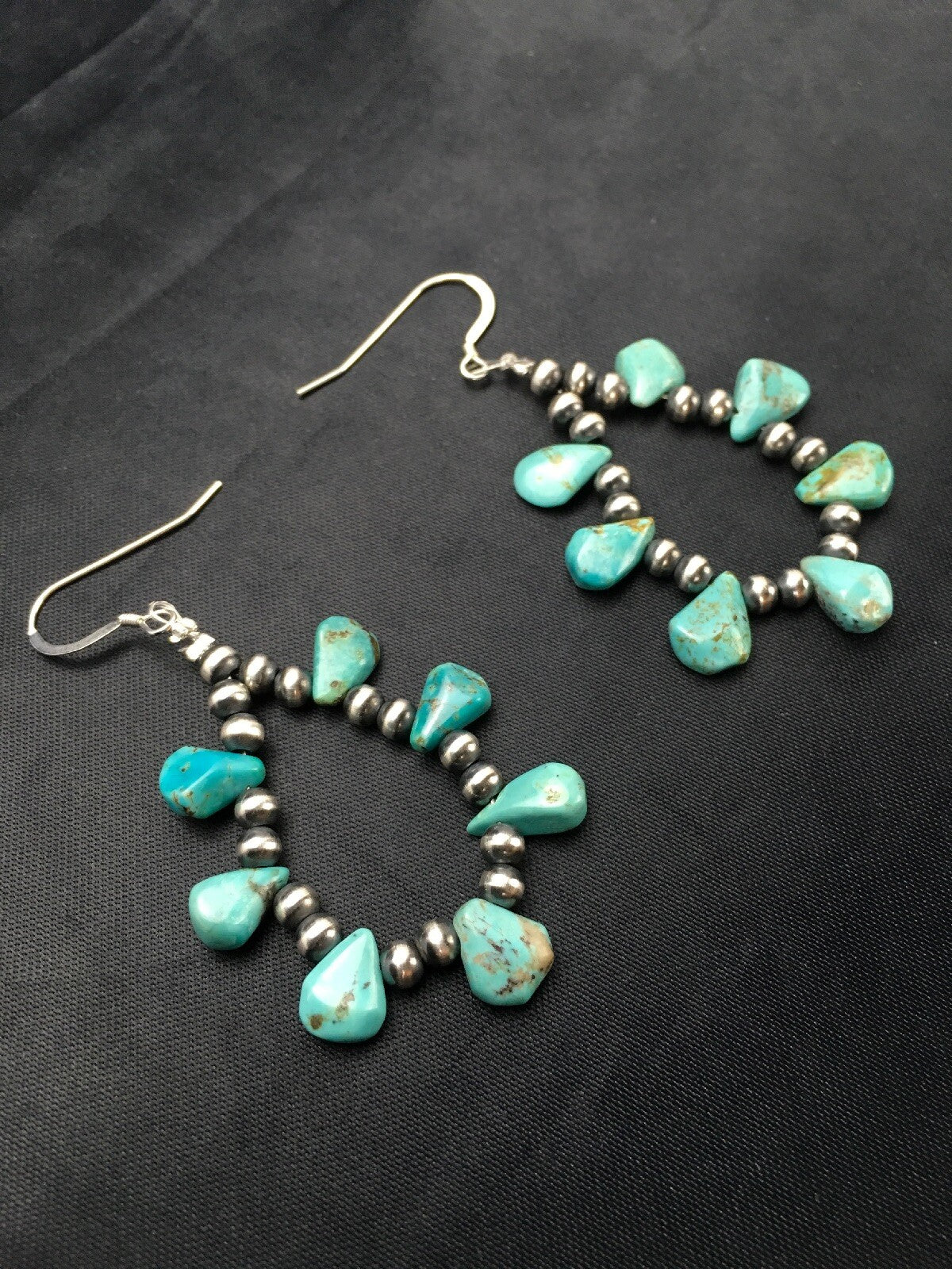 Blue Turquoise Cluster Navajo Sterling Silver Earrings 2" 02971