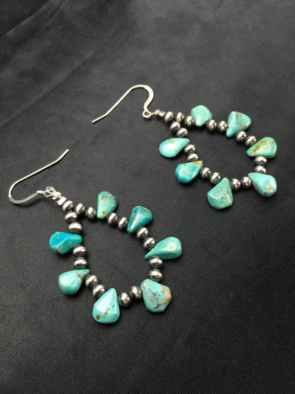 Blue Turquoise Cluster Navajo Sterling Silver Earrings 2" 02971