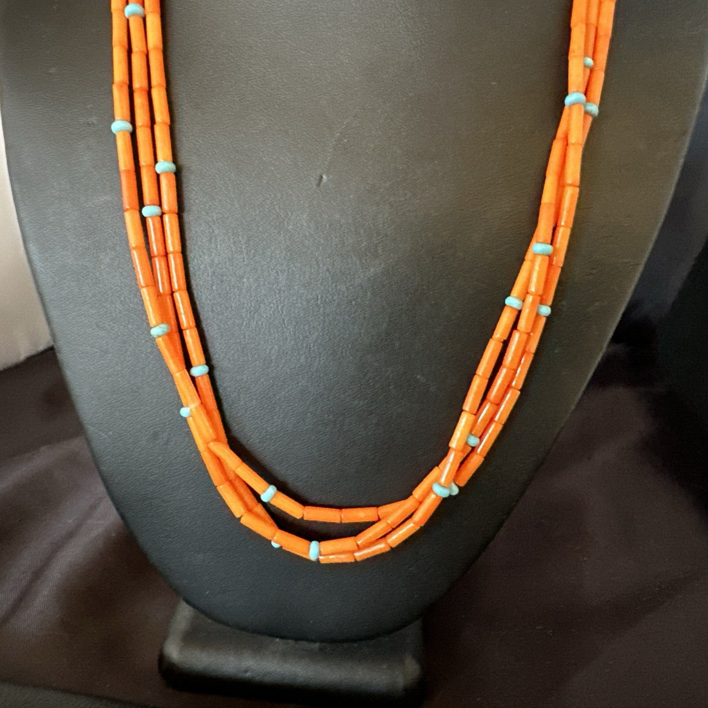 Native Turquoise Orange Coral Sterling Silver 3 Strand Necklace 21" 17819