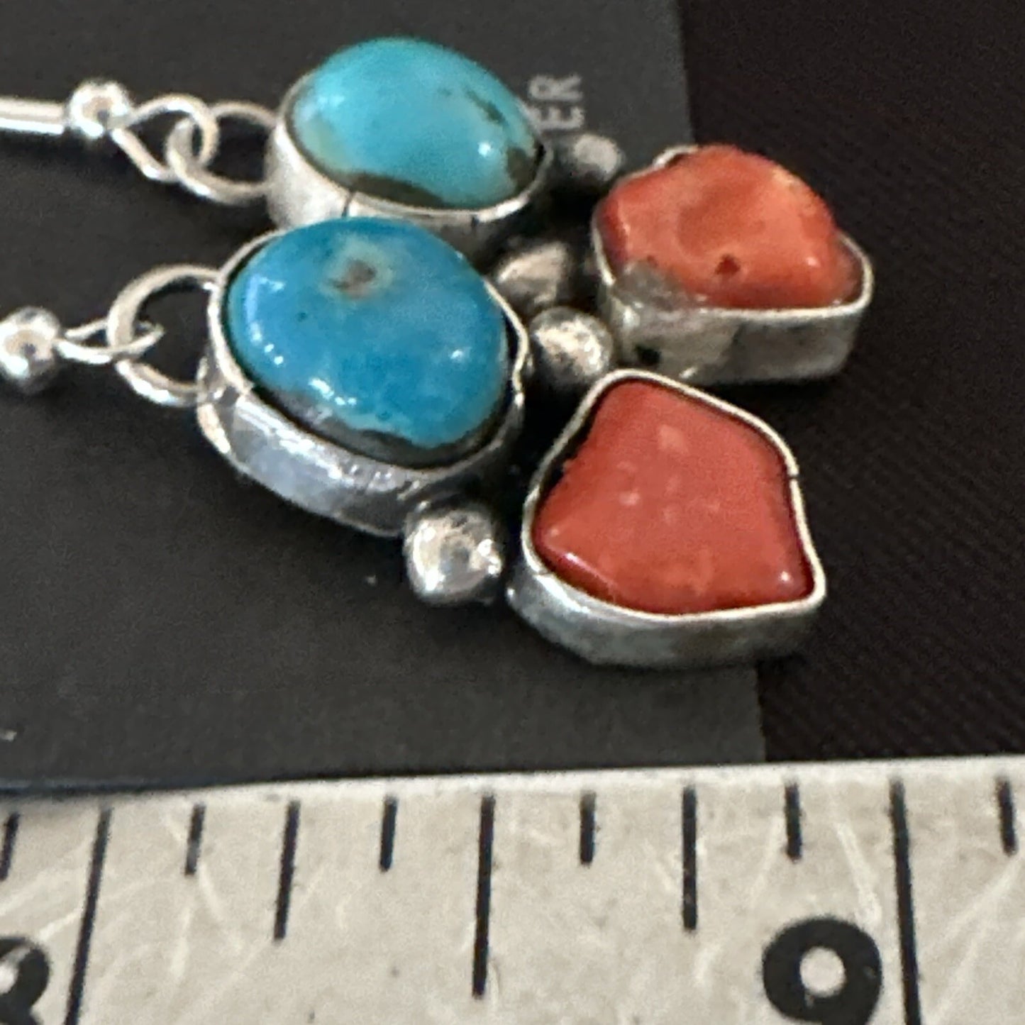 Blue Turquoise Red Coral Sterling Silver Navajo Dangle Earrings 18843