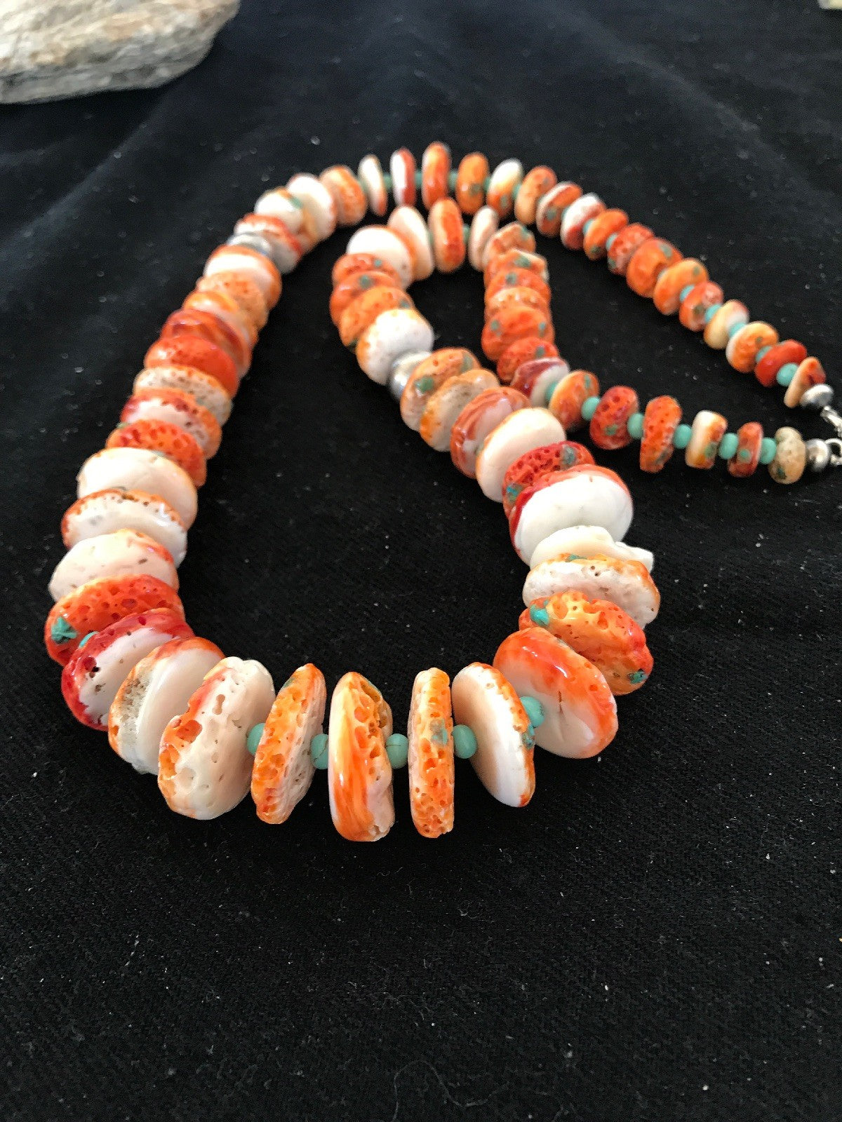 Orange Spiny Oyster Turquoise Navajo Indian Sterling Silver Necklace 22" 03607