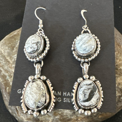 Womens Navajo White Buffalo Turquoise Sterling Silver Dangle Earrings 2" 19309