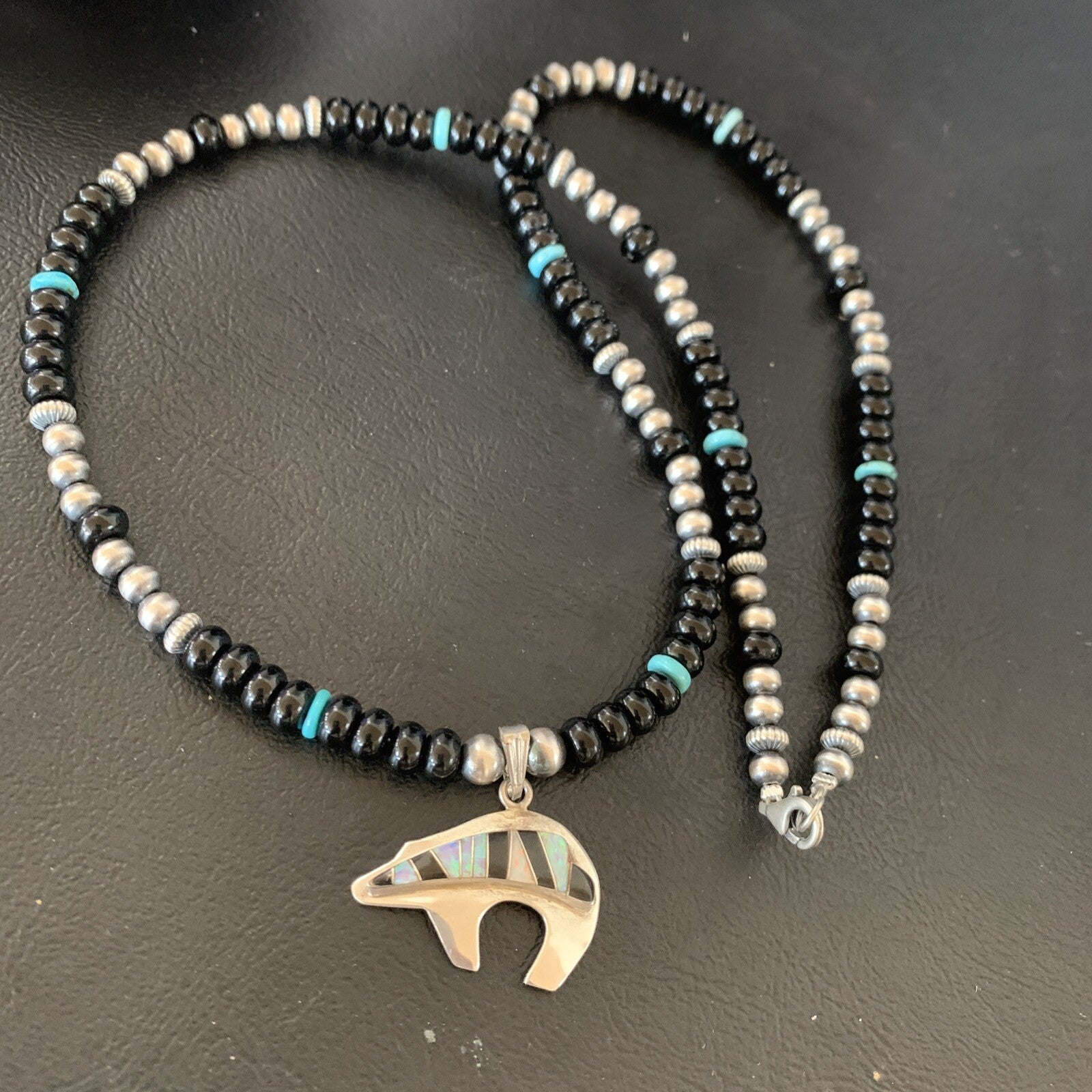 Turquoise Opal Inlay Pendant Black Onyx Navajo Sterling Silver Necklace 12688